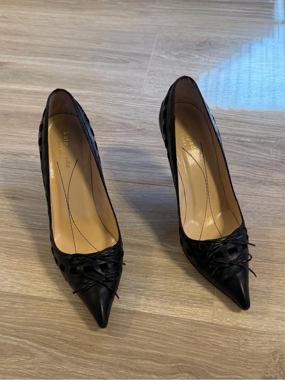 Kate Spade Black Pointed Lace-Up Pumps with Woven Detail